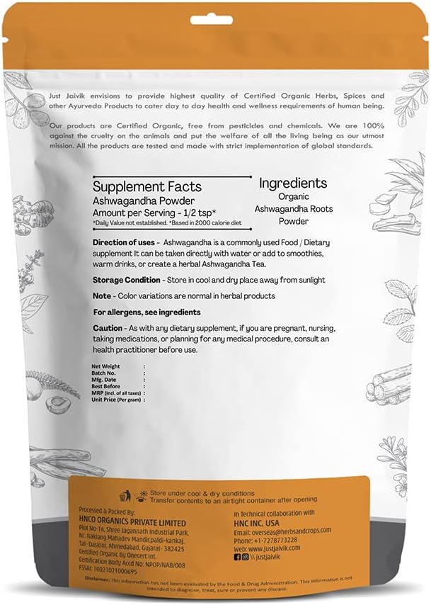 USDA Certified Organic Ashwagandha Powder 227g (0.5 LB) 8 oz H517104