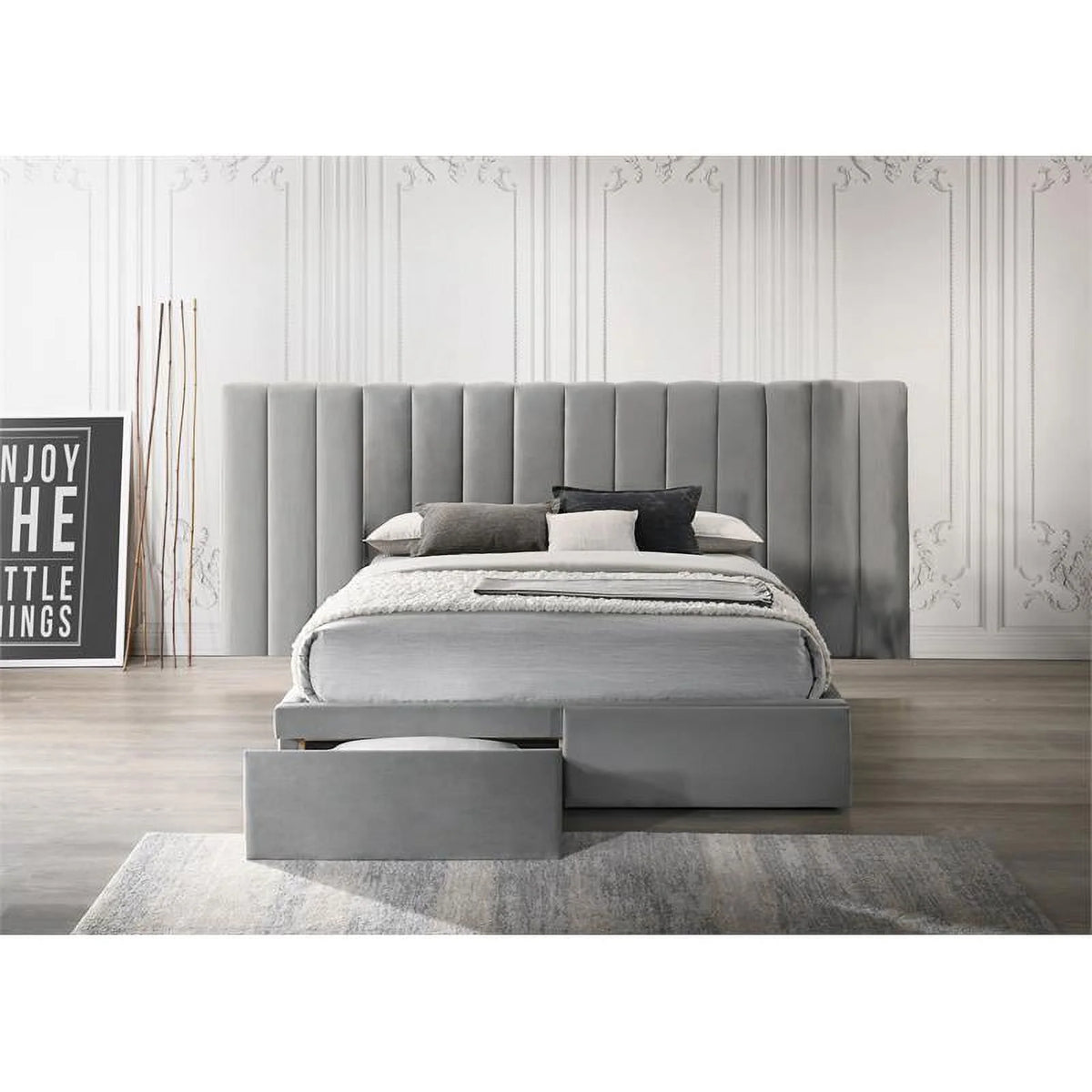 Solid Wood Velvet Queen Headboard with Footboard in Gray G847