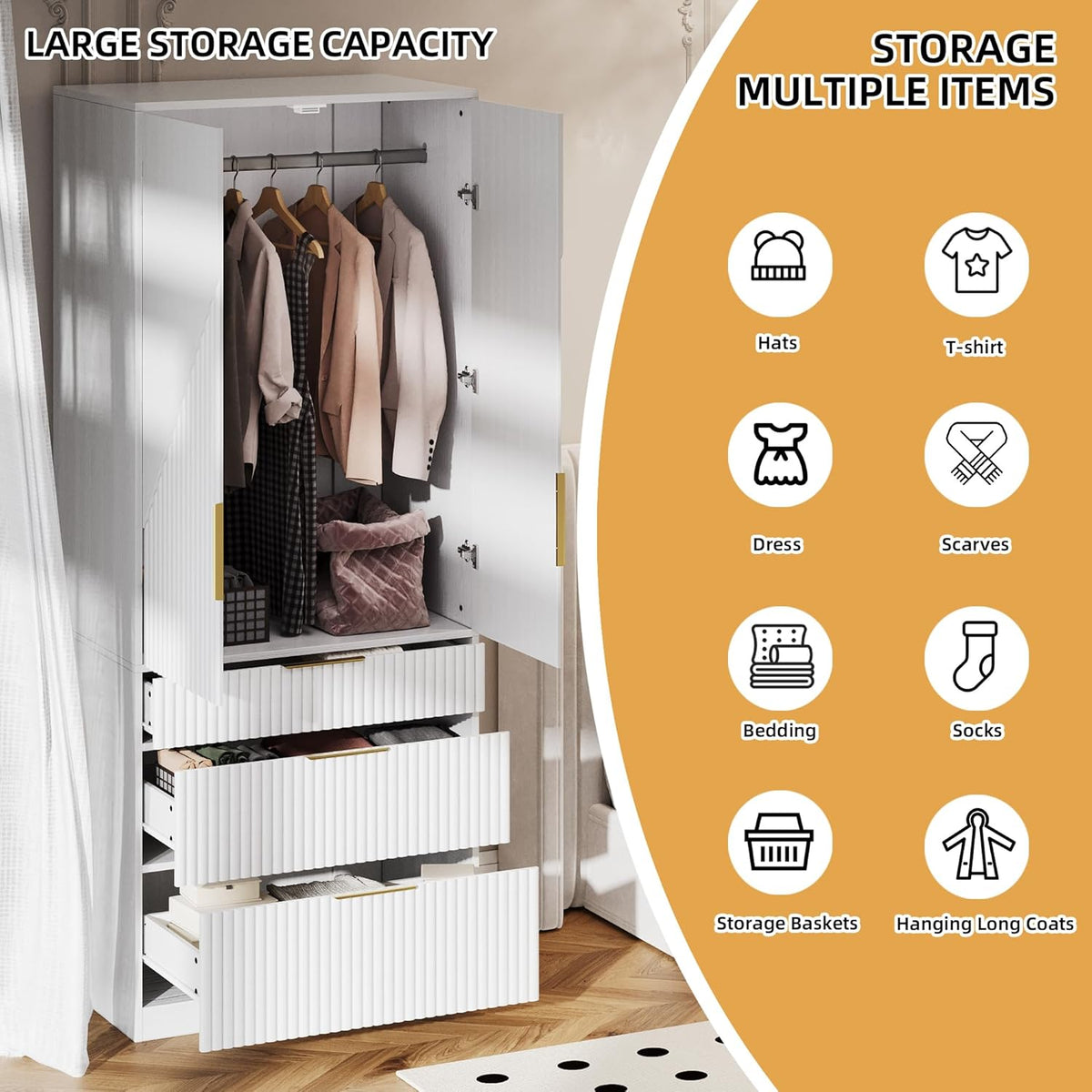 White Freestanding Wooden Wardrobe Armoire with 2 Doors and 3 Drawer A757