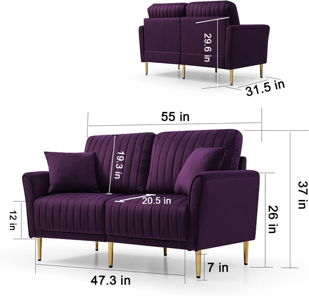 Purple Velvet Round Arm Loveseat Sofa with 2 Throw Pillows H44186