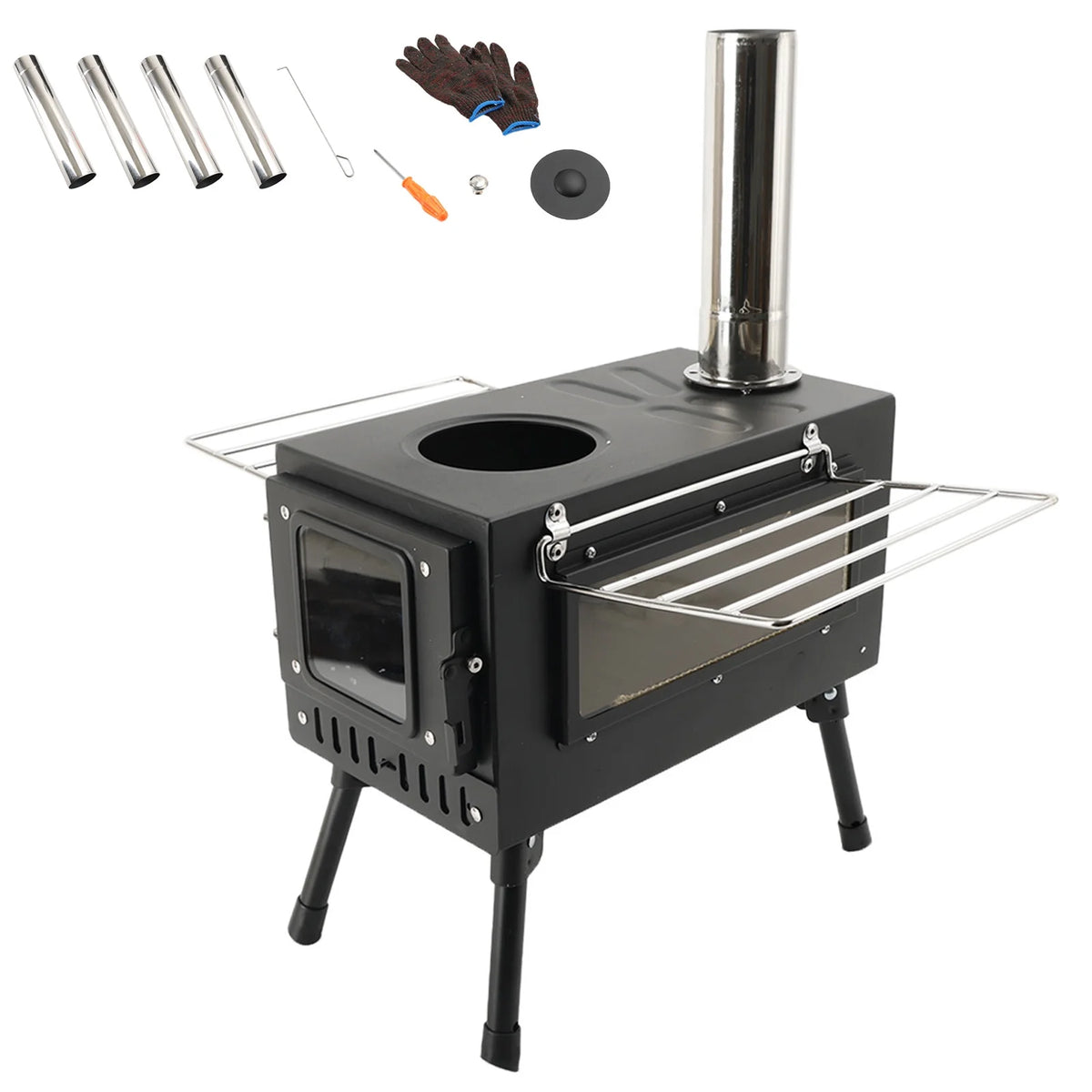 Large Tent Wood Stove with Window and 6 Chimney Pipe X804