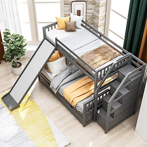 Grey Wood Twin Over Full Bunk Bed with Slides and Drawers L85917