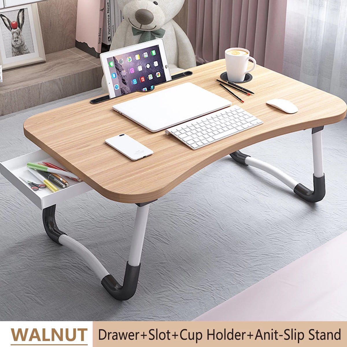 Walnut Wood Laptop Desk with Cup Holder and Drawer X209448