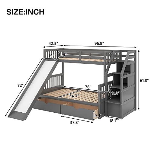 Grey Wood Twin Over Full Bunk Bed with Slides and Drawers L85917