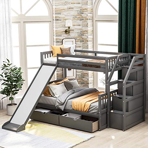 Grey Wood Twin Over Full Bunk Bed with Slides and Drawers L85917