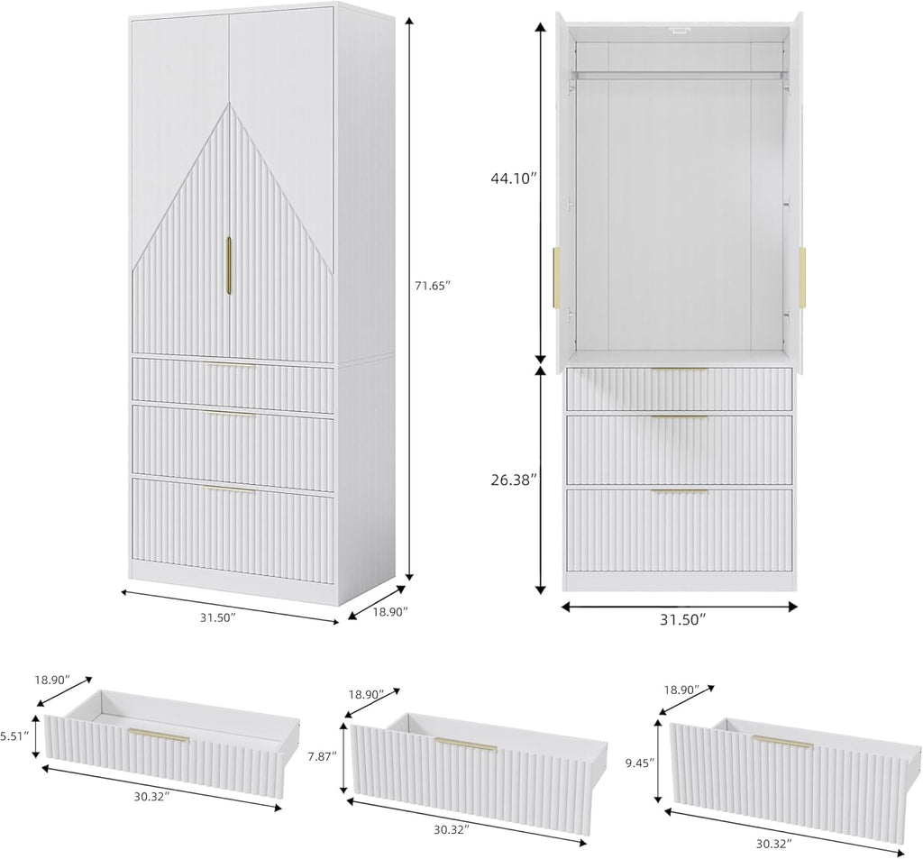 White Freestanding Wooden Wardrobe Armoire with 2 Doors and 3 Drawer A757