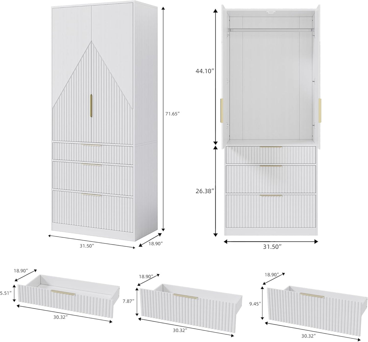 White Freestanding Wooden Wardrobe Armoire with 2 Doors and 3 Drawer A757