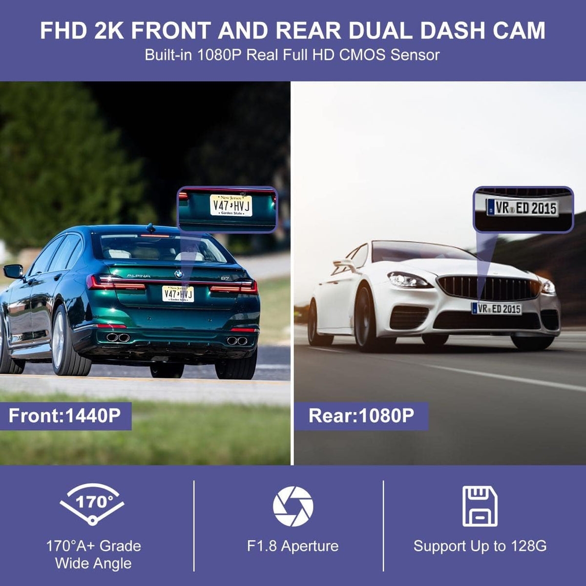 2K 1440P Front and Rear Dash Cam with WiFi GPS A983235