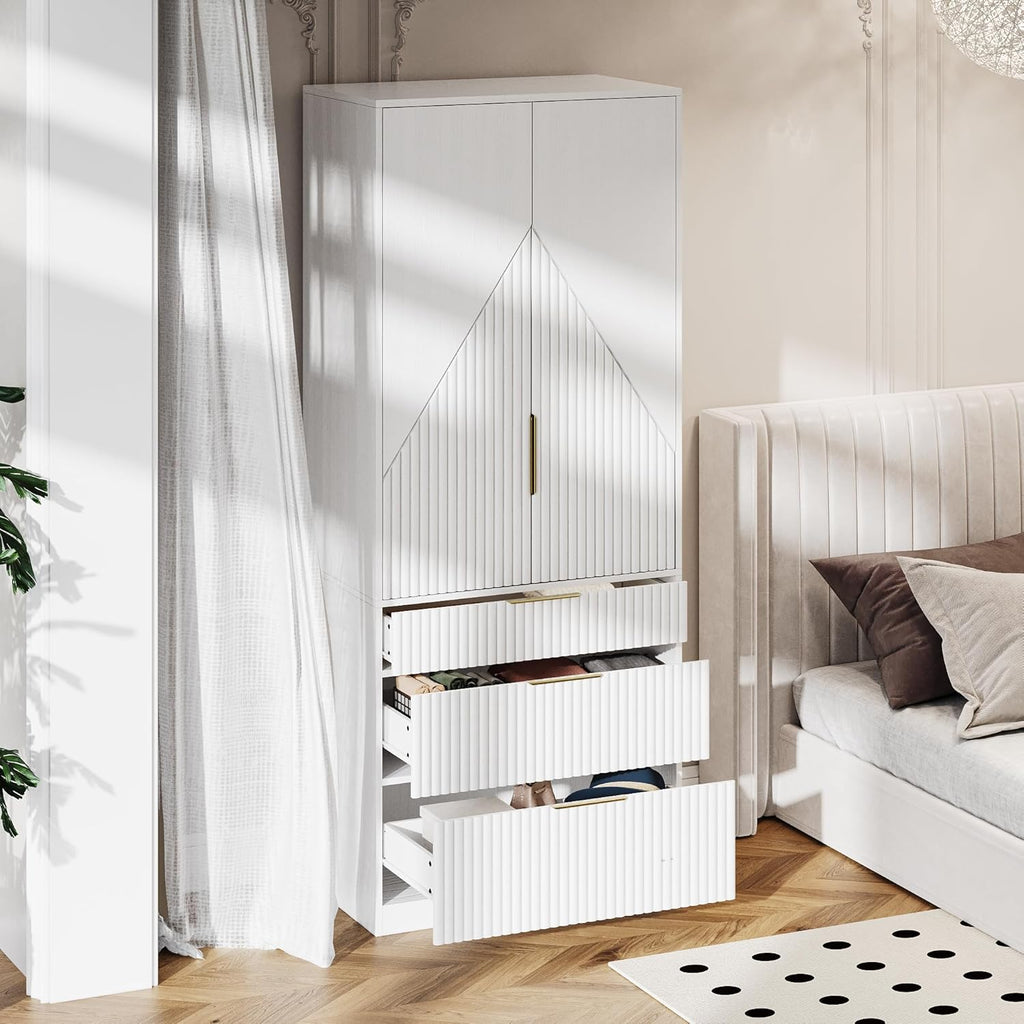 White Freestanding Wooden Wardrobe Armoire with 2 Doors and 3 Drawer A757
