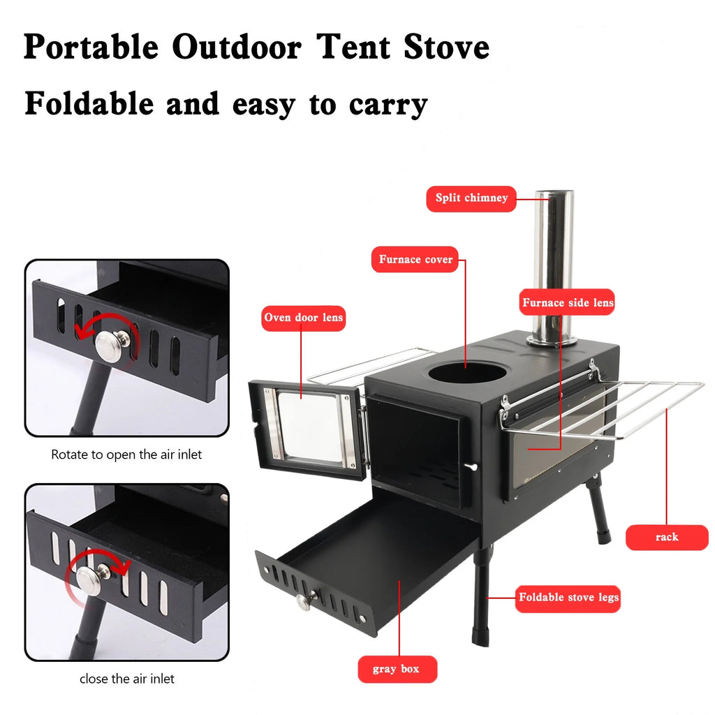 Large Tent Wood Stove with Window and 6 Chimney Pipe X804