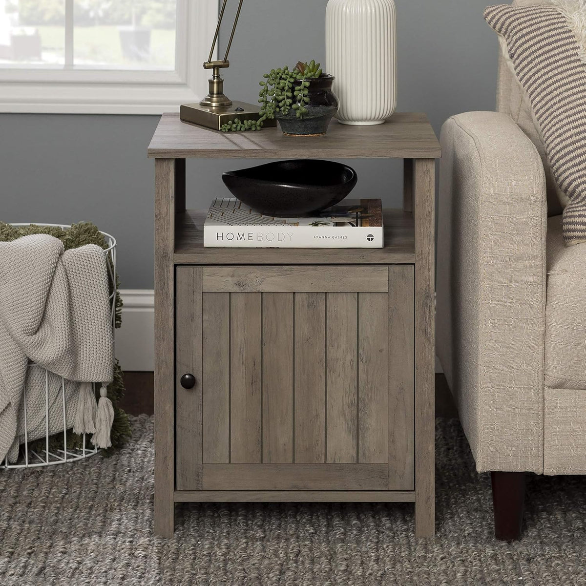 White Oak 18 Inch Wood Side Accent Table with Cabinet Door O196993
