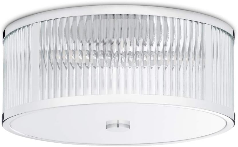 Chrome Flush Mount Ceiling Light, 18 Inch Diameter, LED Bulbs Included, 3000K, 2100 Lumens, Ribbed Glass Shade, Dimmable W8239