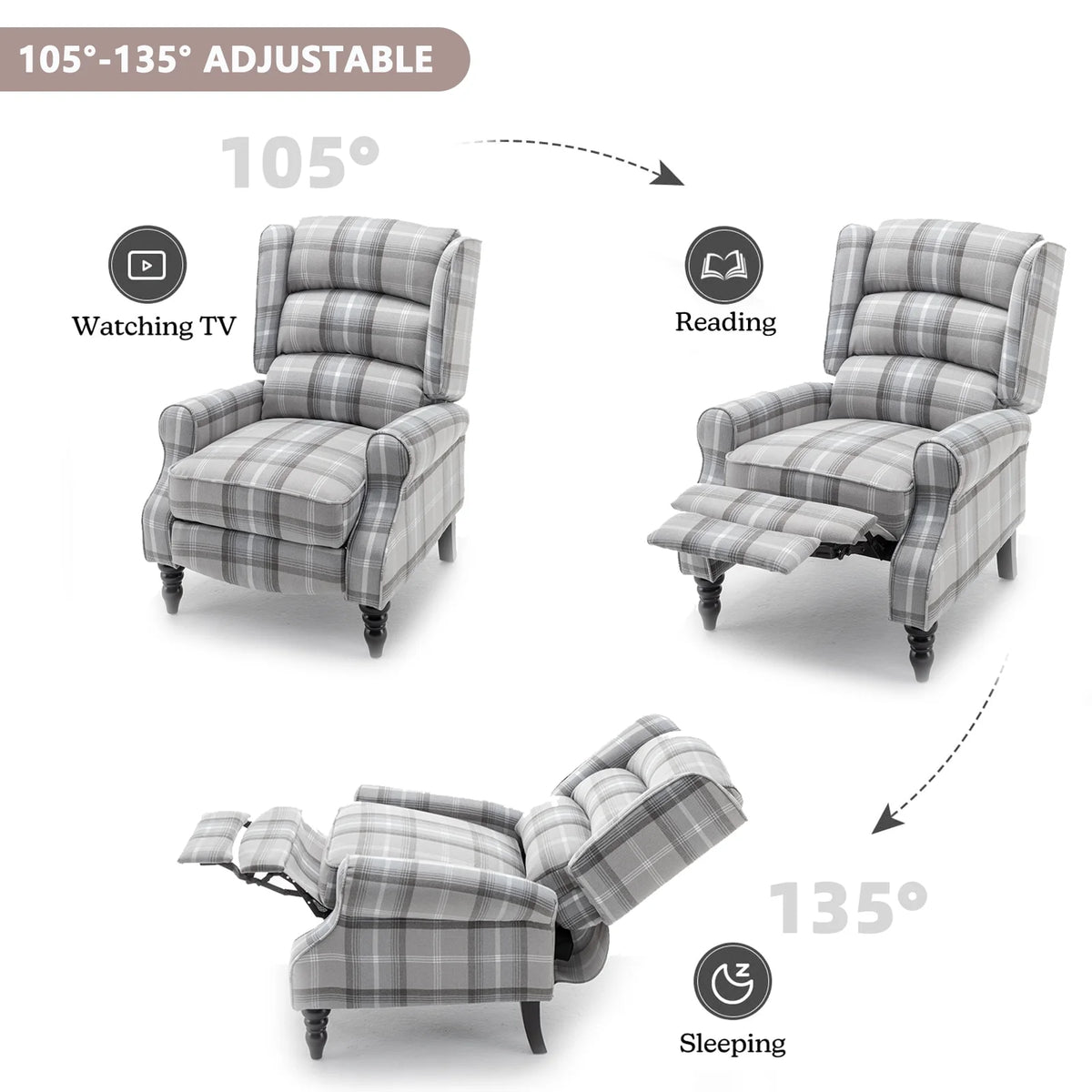 Plaid Upholstered Wingback Recliner Chair with Adjustable Footrest W650