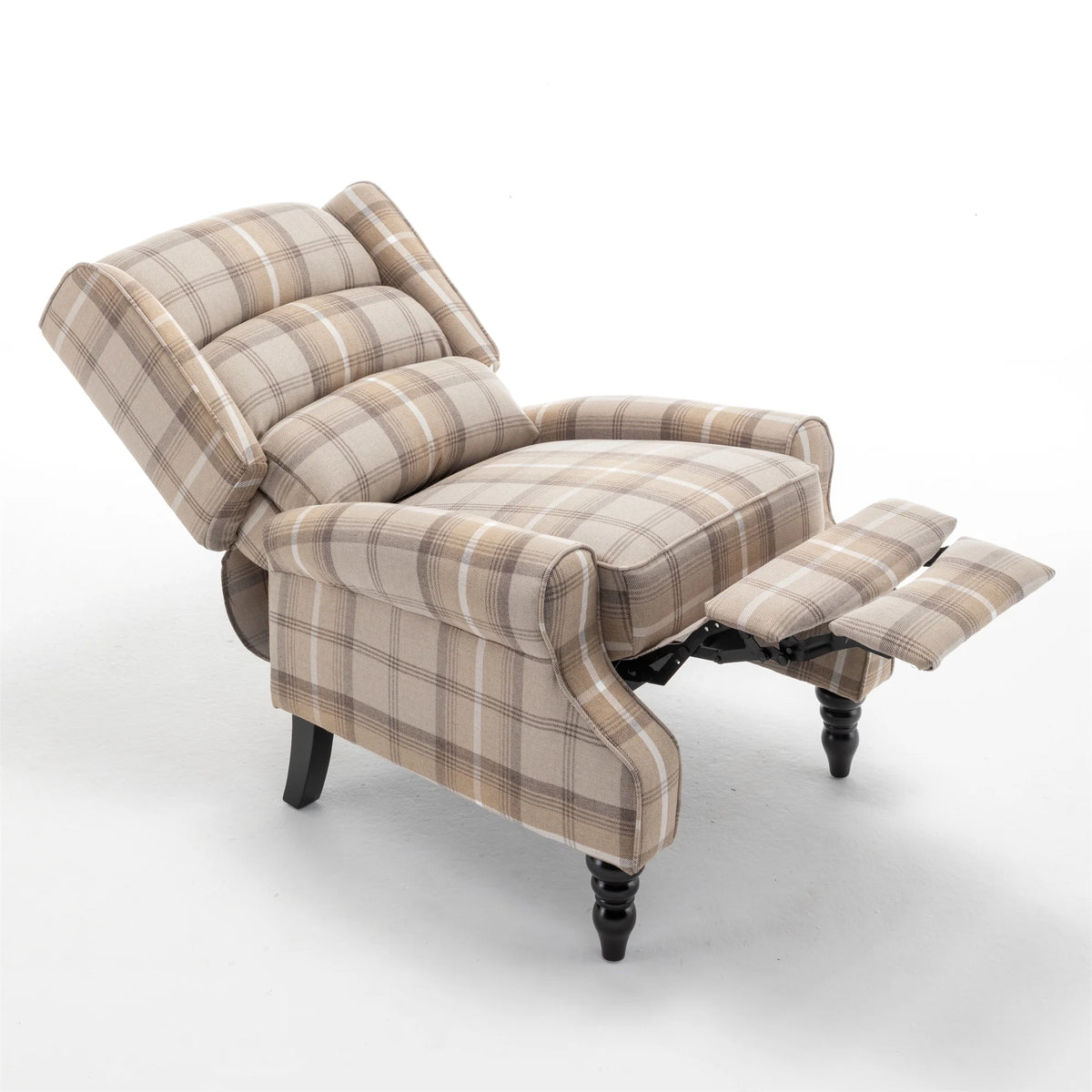 Plaid Upholstered Wingback Recliner Chair with Adjustable Footrest W650