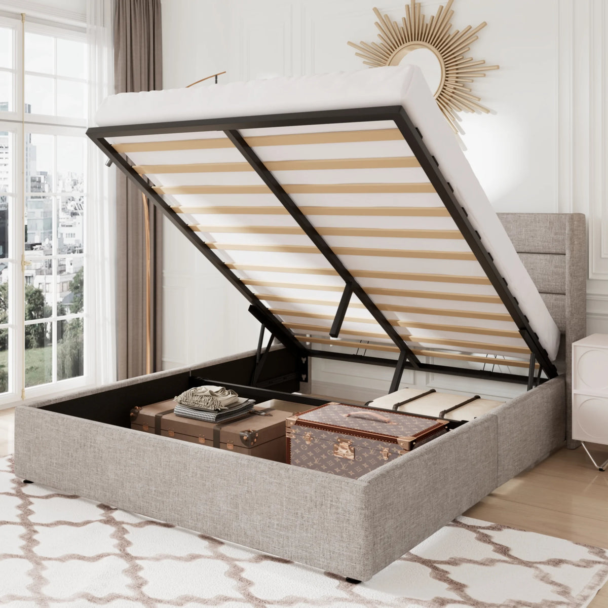 Queen Size Lift Up Platform Storage Bed Frame with Wingback Headboard Light Beige T97886