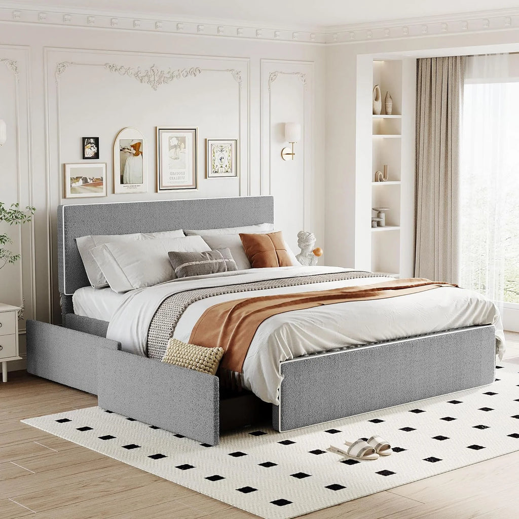 Queen Size Upholstered Platform Bed with 4 Storage Drawers S2127