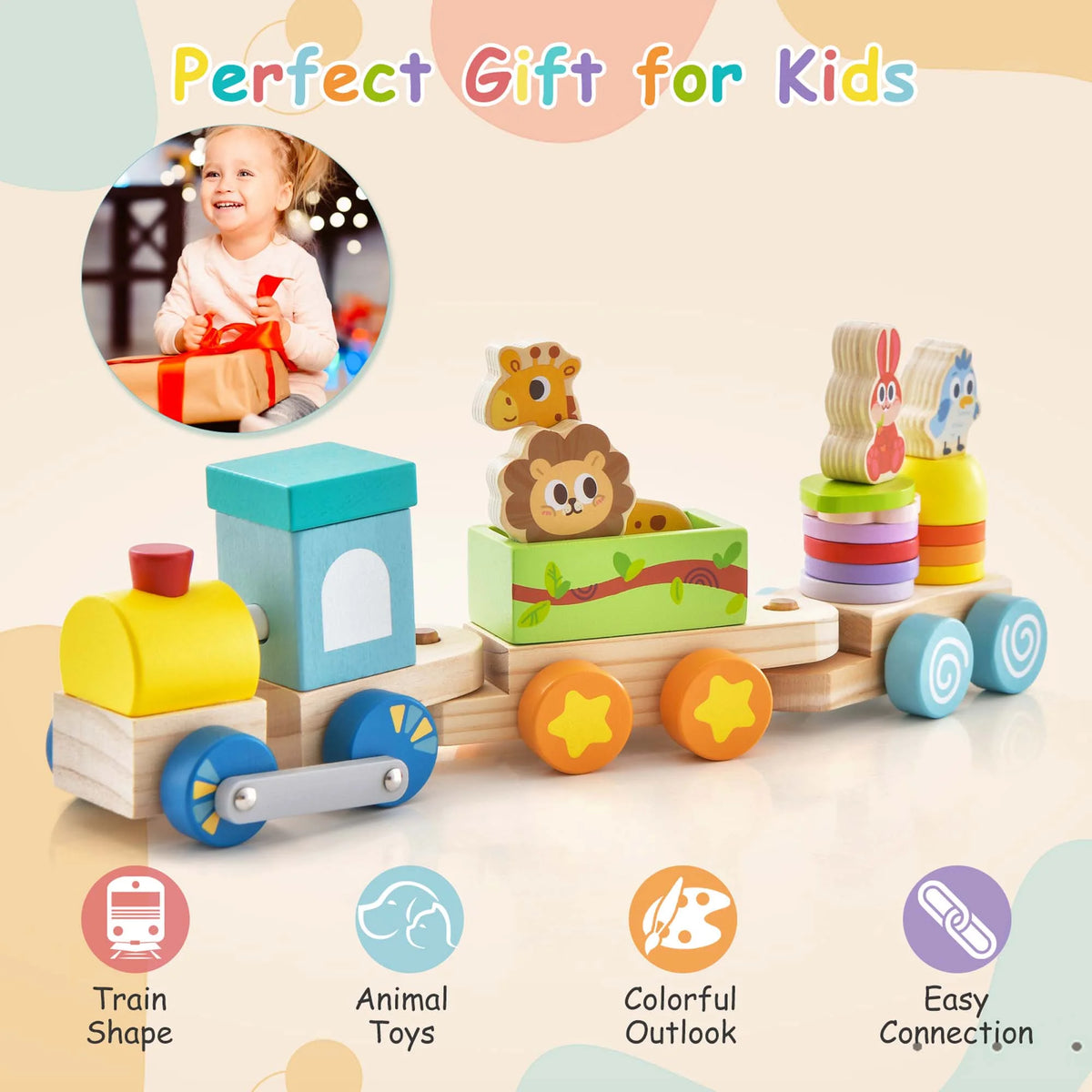Wooden Stackable Train Set with Animal Toys & Locomotive E857239