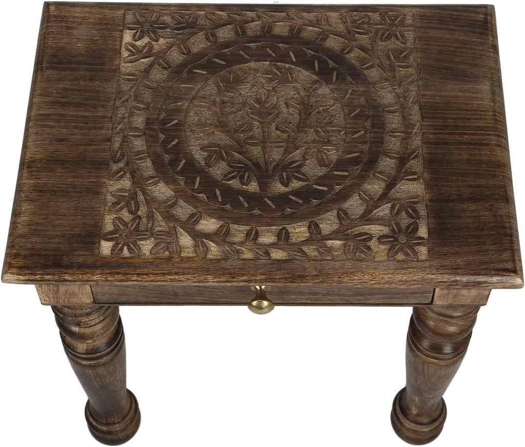 Wooden Side Table with Tree of Life Carved L312