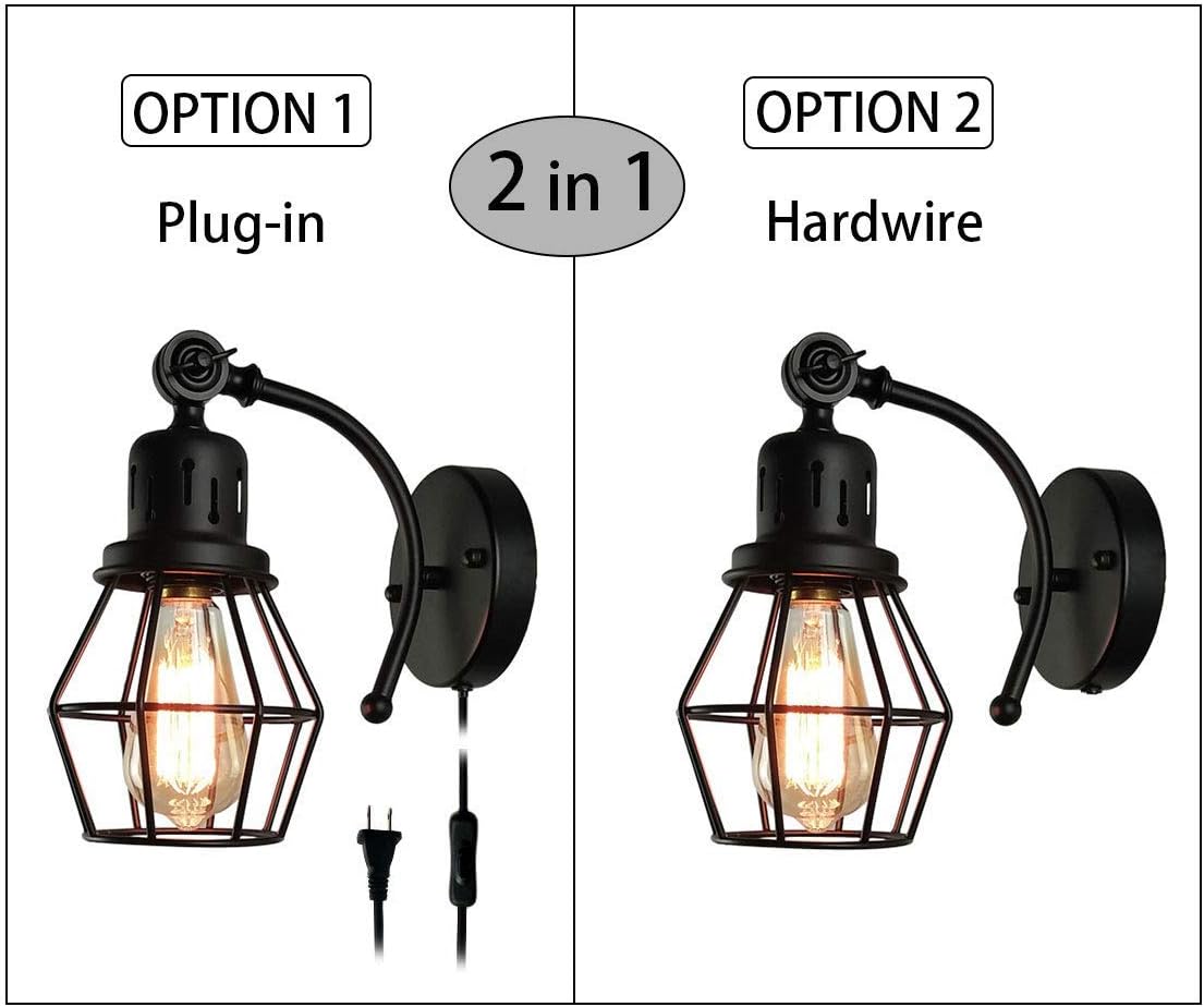 Black Industrial Vintage Cage Wall Light Fixture Set of 2 with On Off Switch Y3934