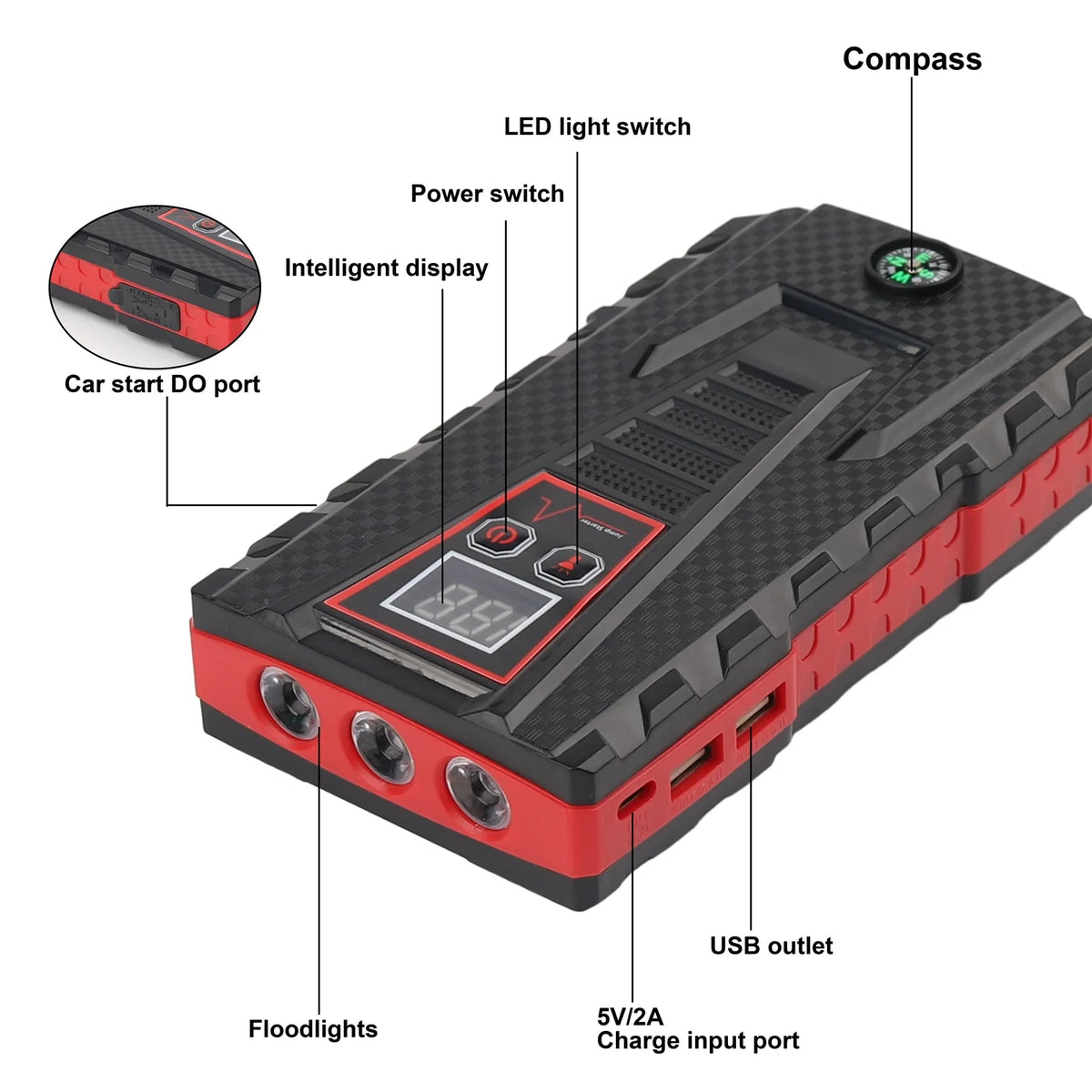 Car Jump Starter 5000A Peak 99800mAh Battery Portable Power Bank T728