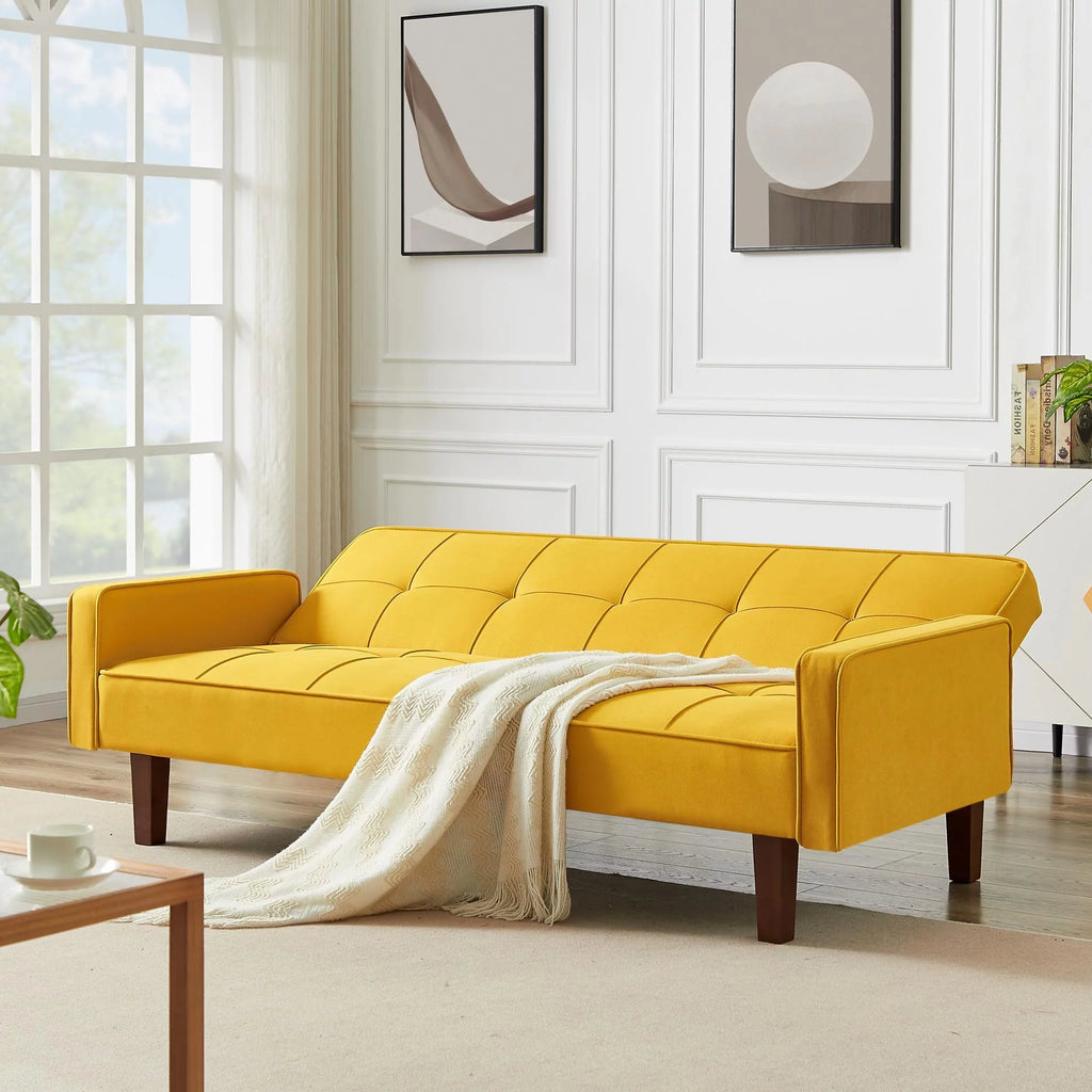 Yellow Linen Convertible Sleeper Sofa with Removable Armrests H7318