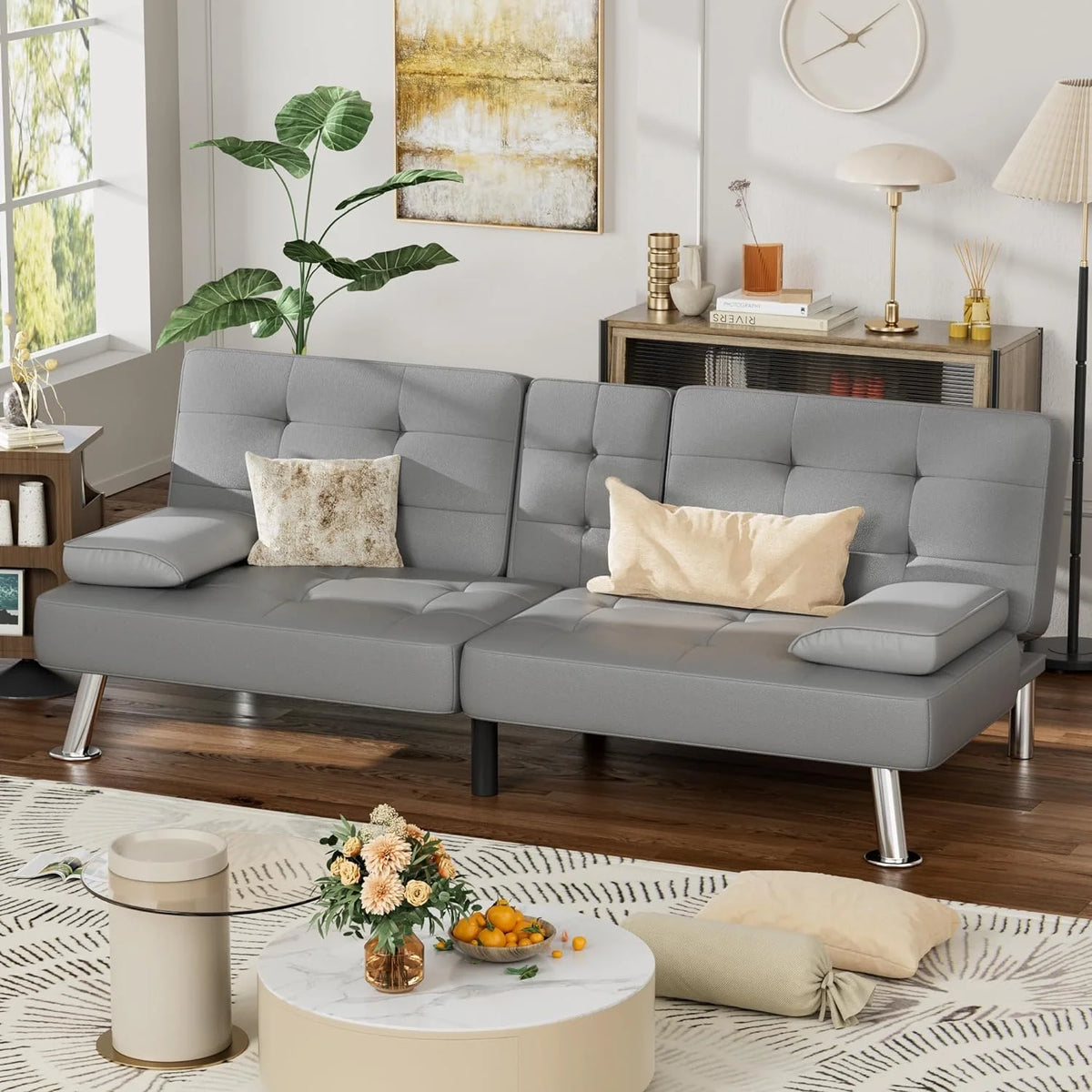 Faux Leather Convertible Folding Futon Sofa Bed with Removable Armrests and 2 Cup Holders Z920