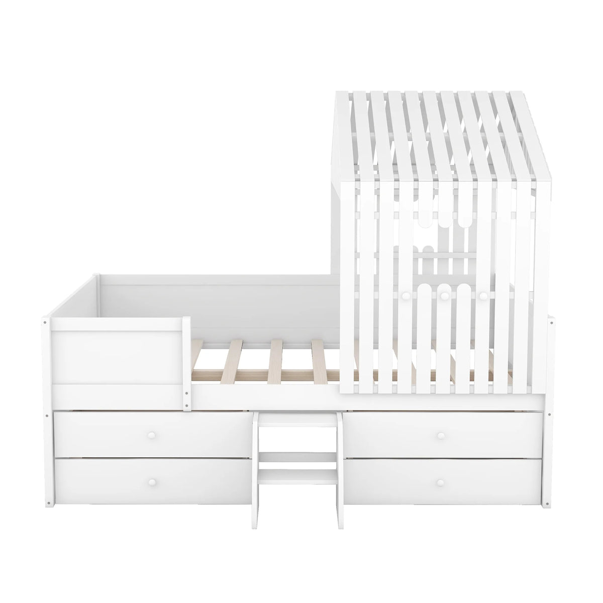 Full Size Low Loft Bed with Roof and Drawers, White K268
