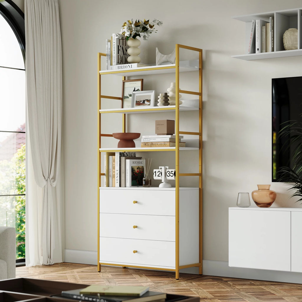 4 Tier Gold Bookcase with 3 Drawers F230189