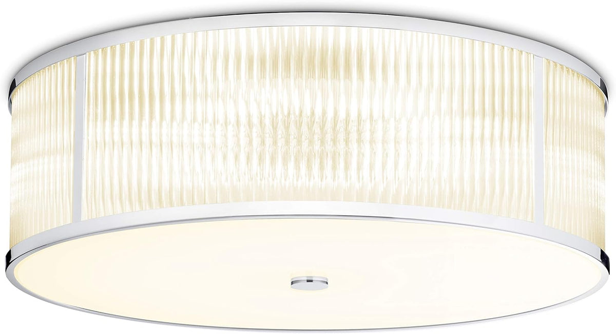 Chrome Flush Mount Ceiling Light, 18 Inch Diameter, LED Bulbs Included, 3000K, 2100 Lumens, Ribbed Glass Shade, Dimmable W8239