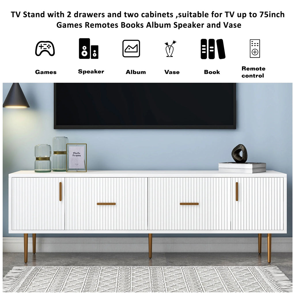 White Wood TV Stand with 5 Champagne Legs A2631