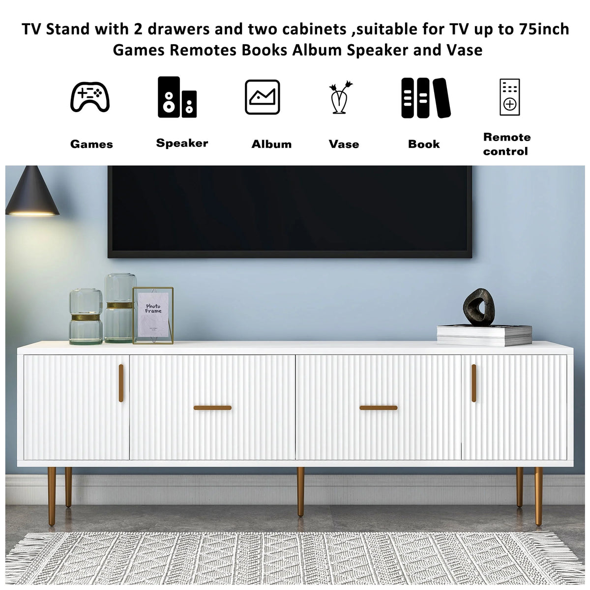 White Wood TV Stand with 5 Champagne Legs A2631
