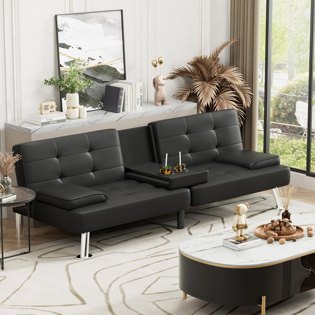 Faux Leather Convertible Folding Futon Sofa Bed with Removable Armrests and 2 Cup Holders Z920