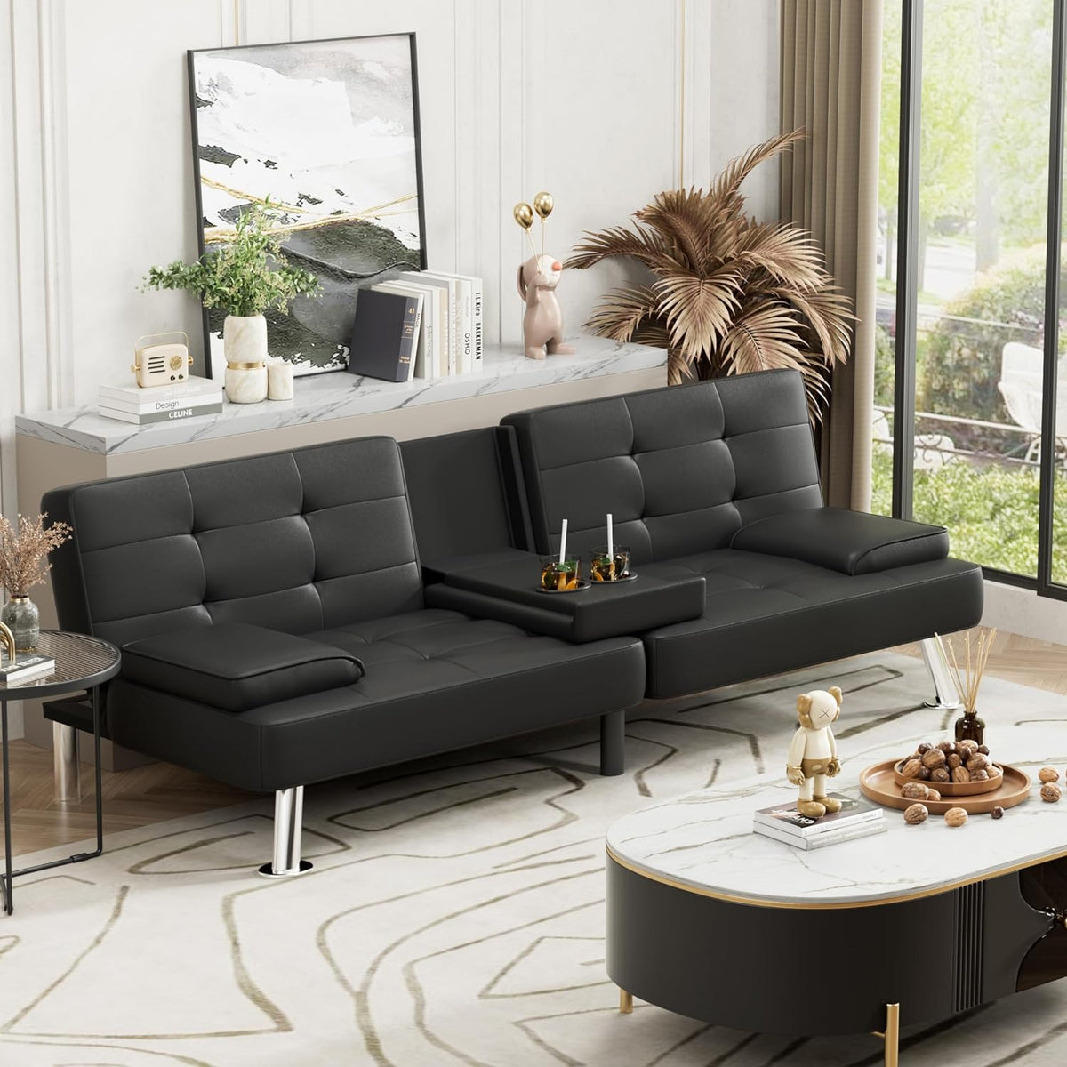 Faux Leather Convertible Folding Futon Sofa Bed with Removable Armrests and 2 Cup Holders Z920