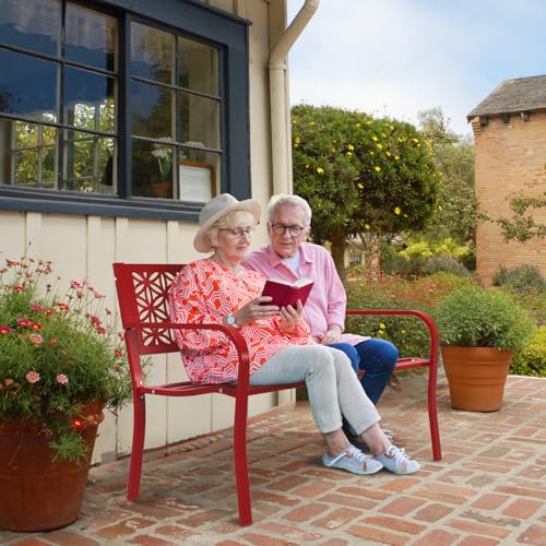 Pink Metal Outdoor Bench with Floral Back J53371