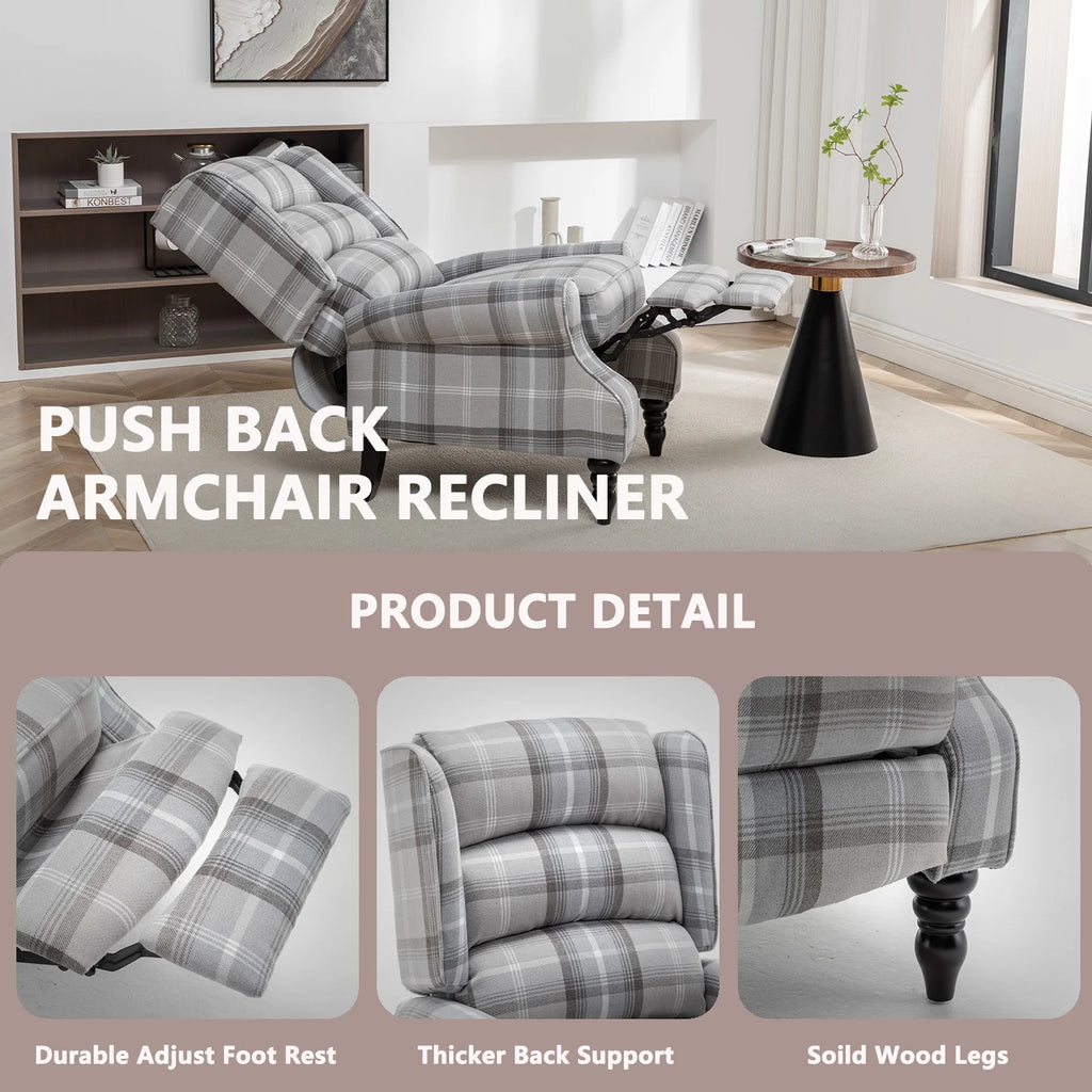 Plaid Upholstered Wingback Recliner Chair with Adjustable Footrest W650