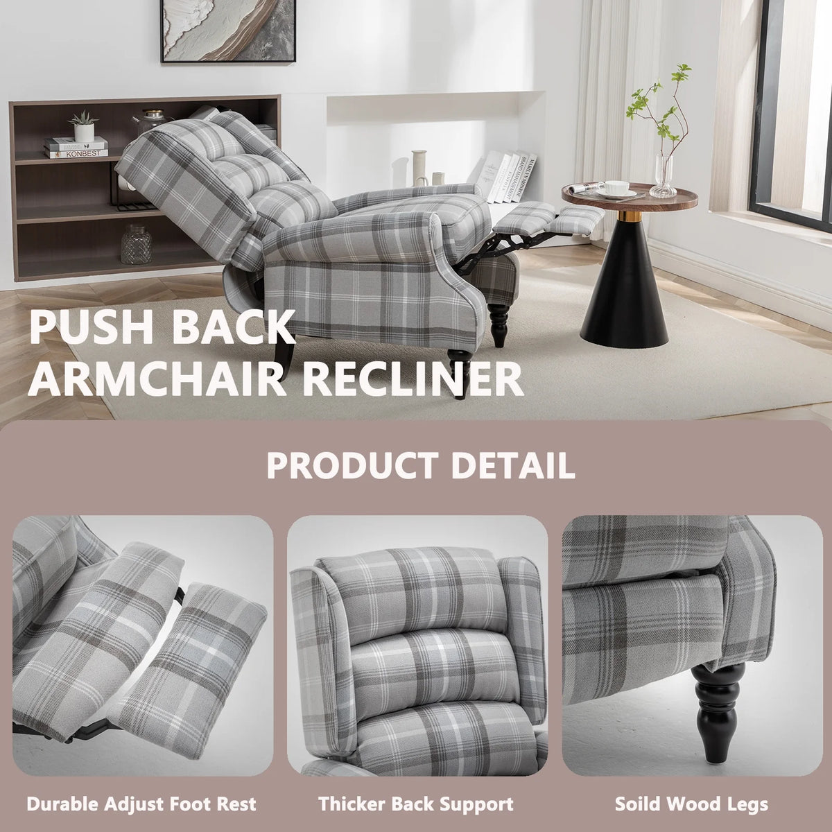 Plaid Upholstered Wingback Recliner Chair with Adjustable Footrest W650