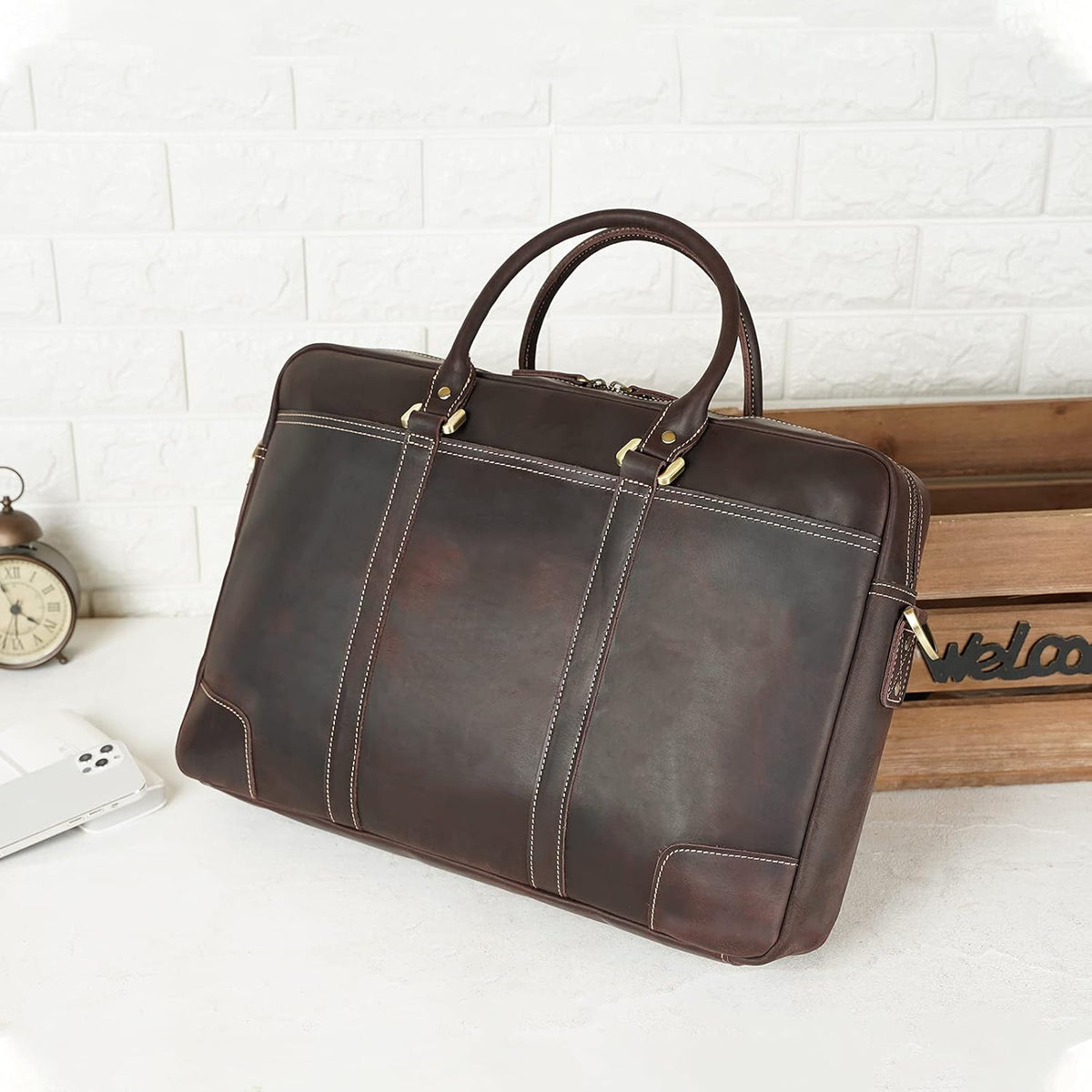 Full Grain Leather 18.5'' Laptop Briefcase Messenger Bag Y308