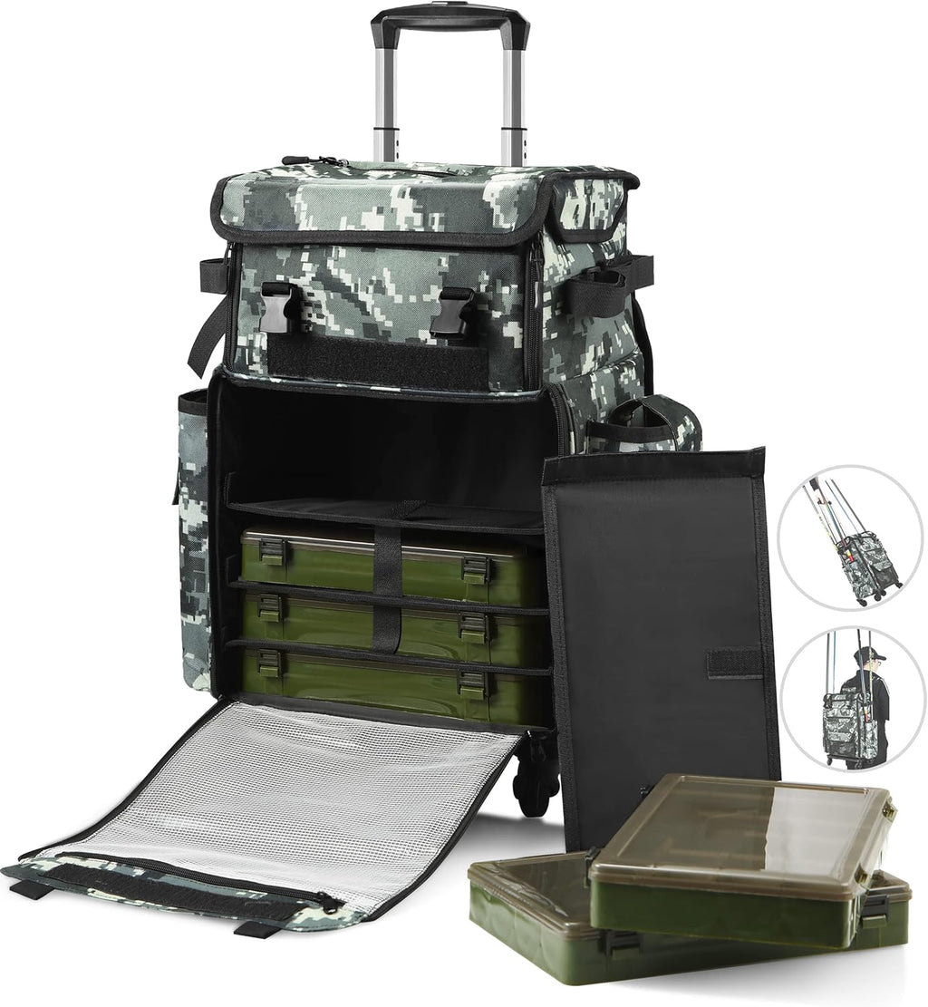 Rolling Fishing Tackle Bag with Rod Holder and Removable Wheels M935647