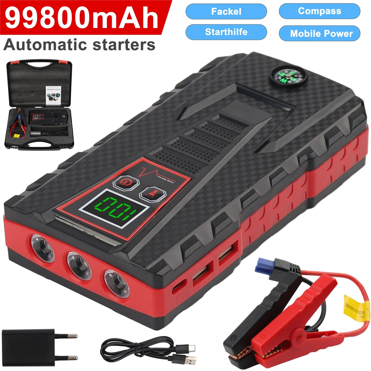 Car Jump Starter 5000A Peak 99800mAh Battery Portable Power Bank T728