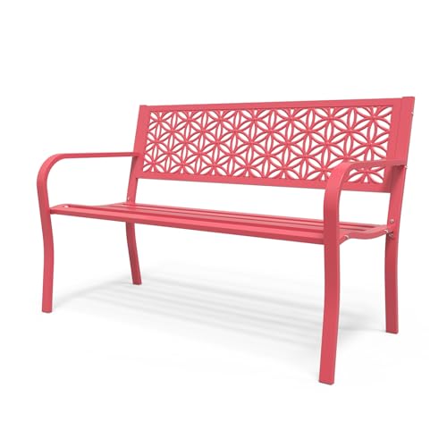 Pink Metal Outdoor Bench with Floral Back J53371