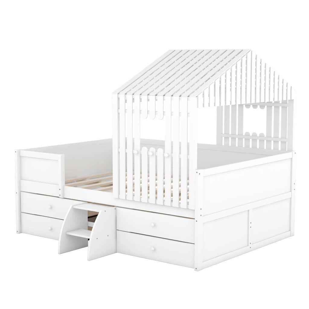 Full Size Low Loft Bed with Roof and Drawers, White K268
