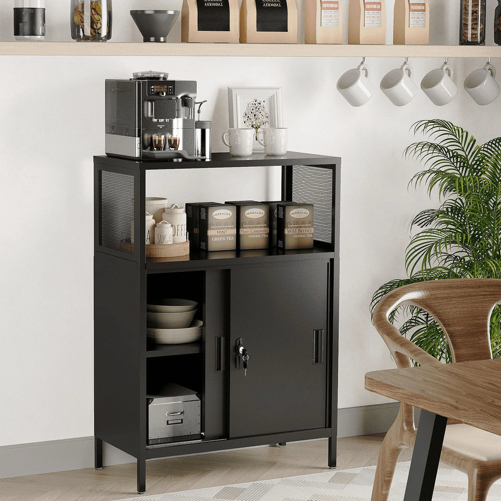 Metal Storage Cabinet with Sliding Doors and Adjustable Shelf, Black K66108