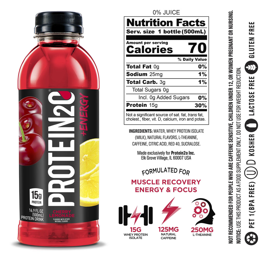 15g Whey Protein Infused Water Plus Energy, Cherry Lemonade, 16.9 fl oz Bottle (12-Pack) W250