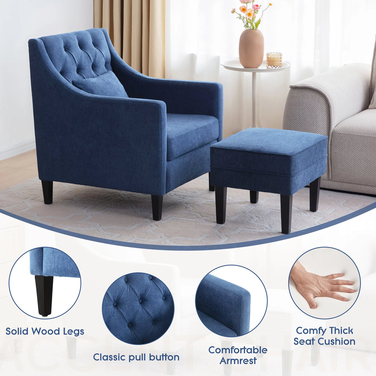 Blue Upholstered Accent Chair with Ottoman R119
