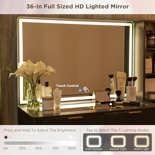 48" Glass Top Vanity Desk with Lighted Mirror and 5 Drawers P786671