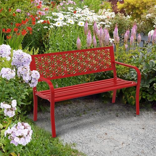 Pink Metal Outdoor Bench with Floral Back J53371