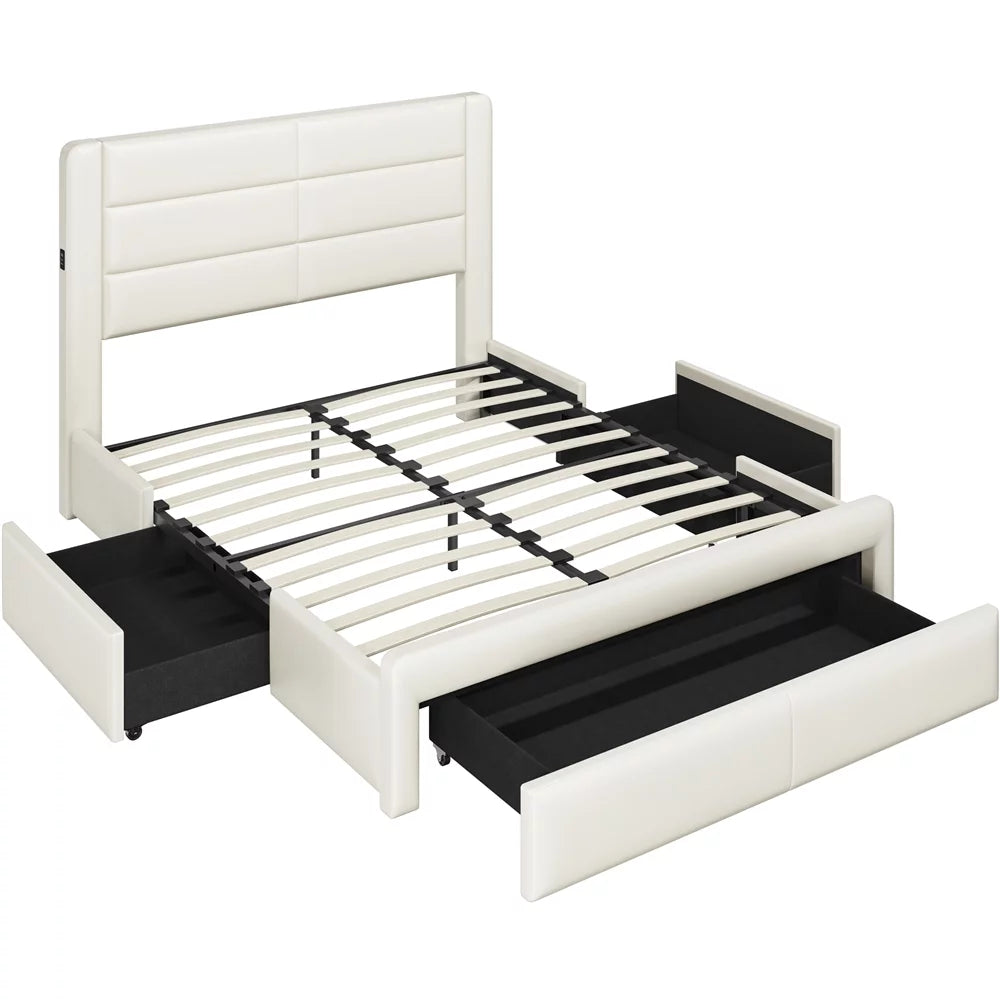 Beige Upholstered Platform Full Bed with 3 Storage Drawers and USB Ports B919