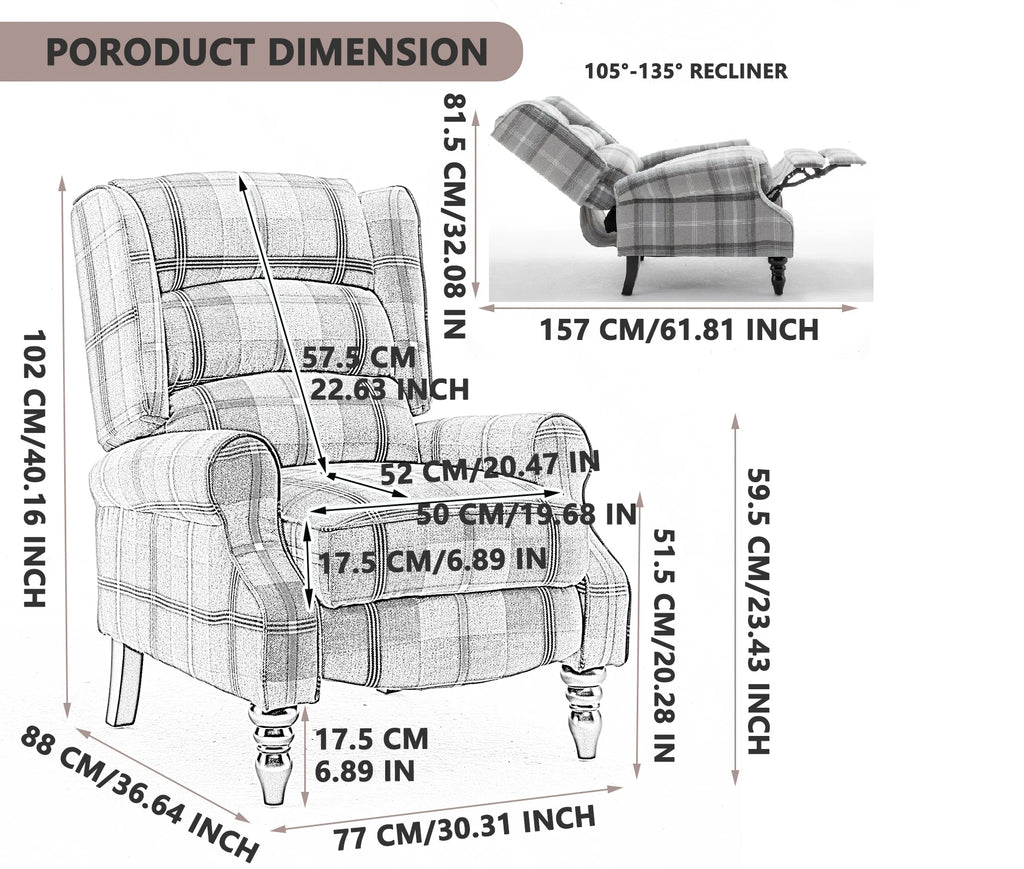 Plaid Upholstered Wingback Recliner Chair with Adjustable Footrest W650
