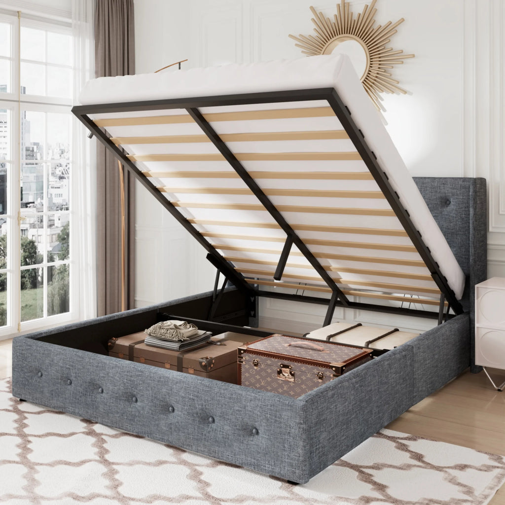 Queen Size Lift Up Platform Storage Bed Frame with Wingback Headboard Light Beige T97886