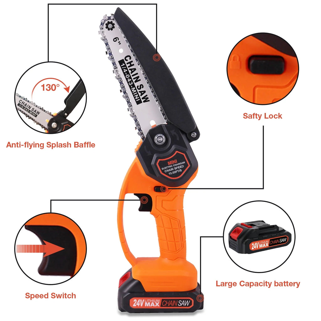 6 Mini Chainsaw Cordless Handheld Chain Saw with 2 Batteries 2 Chains O632809